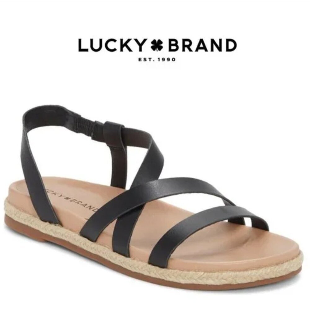 Lucky Brand Darli Espadrille Slingback Flat Sandal Black Leather Upper Size 10‎